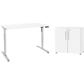 Komplettangebot Schreibtisch, elektrisch höhenverstellbar, B 1600 mm, Kabelkanal und Memorypanel, weißalu/weiß + Schrank, 2 OH, abschließbar, weiß
