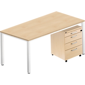 Komplettset BEXXSTAR, Schreibtisch 1600 mm breit und Rollcontainer, Quadratrohrfuss, Ahorn-Dekor