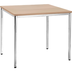 Konferenztisch, bis 4 Personen, Quadrat, 4-Fuß Quadratrohr, B 800 x T 800 x H 720 mm, Buche/chromsilber