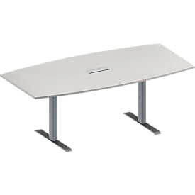 Konferenztisch MODENA FLEX, höhenverstellbar, 3-fach Anschlussfeld, Boots-Form, T-Fuß-Rechteckrohr, B 2000 x T 1000/800 mm, lichtgrau