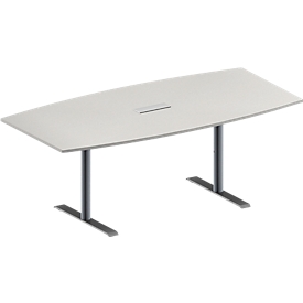 Konferenztisch MODENA FLEX, höhenverstellbar, 3-fach Anschlussfeld, Boots-Form, T-Fuß-Rundrohr, B 2000 x T 1000/800 mm, lichtgrau