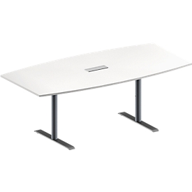Konferenztisch MODENA FLEX, höhenverstellbar, 3-fach Anschlussfeld, Boots-Form, T-Fuß-Rundrohr, B 2000 x T 1000/800 mm, weiß