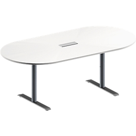 Konferenztisch MODENA FLEX, höhenverstellbar, 3-fach Anschlussfeld, Oval-Form, T-Fuß-Rundrohr, B 2000 x T 1000 mm, weiß