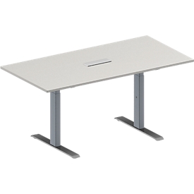 Konferenztisch MODENA FLEX, höhenverstellbar, 3-fach Anschlussfeld, Rechteck-Form, T-Fuß Rechteckrohr, B 1600 x T 800 mm, lichtgrau