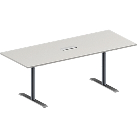 Konferenztisch MODENA FLEX, höhenverstellbar, 3-fach Anschlussfeld, Rechteck-Form, T-Fuß Rundrohr, B 2000 x T 800 mm, lichtgrau