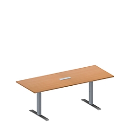 Konferenztisch MODENA FLEX, höhenverstellbar, 3-fach Anschlussfeld, rechteckig, T-Fuß, B 2000 x T 800 mm, Buche-Dekor