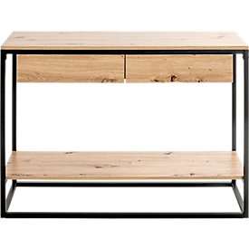 Konsole HAKU, Gesamttragkraft 30 kg, 2 Ablagen, 2 Schubladen, B 1000 x T 350 x H 750 mm, Stahl/Holz, schwarz/helles Eiche-Dekor