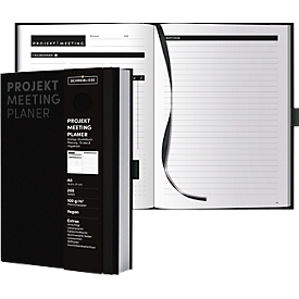Korsch Projekt- und Meetingplaner, DIN A5, 200 pages, papier FSC, structure en lin, tranche de couleur, élastique &amp; porte-stylo, noir