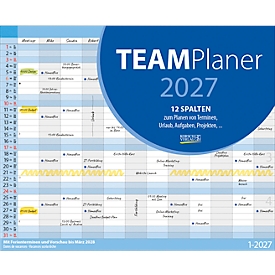 Korsch Wandkalender Teamplaner 2027, 12 Spalten, Ferientermine und Vorschau bis März 2028, Kalendarium für D/GB/F/I, L 360 x B 440 mm, weiß