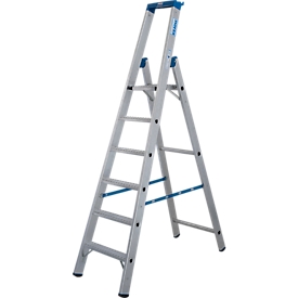 KRAUSE STABILO Stehleiter 6 Stufen R13, Lochbild selbstreinigend, Plattform R13, Werkzeugablage mit Eimerhaken, Alu