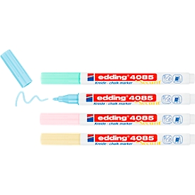Krijtmarker Edding 4085, voor gladde oppervlakken, lijndikte 1-2 mm, ronde punt, set van 4, pastel