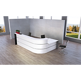 L-counter Faro, 4 elements, 90° angle, with consulting desk, melamine coated, ABS edges, W 3670 x D 1970 x 1120 mm, white/anthracite