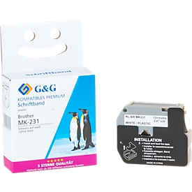 Labelling tape compatible with Brother labelling tape M-K231BZ, self-adhesive, white/black, laminated plastic, L 8 m x W 12 mm