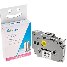 Labelling tape compatible with Brother labelling tape TZe-221, self-adhesive, white/black, laminated plastic, L 8 m x W 9 mm