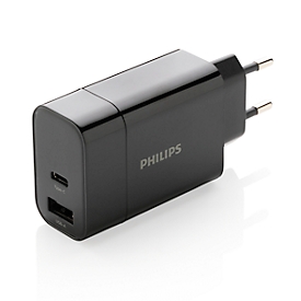 Ladeadapter Philips Fast PD Wall-Charger, USB-A/USB-C, 30 W, B 100 x T 30 x H 100 mm, schwarz