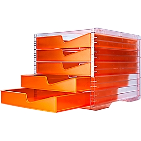 Ladebox styro® styroswing NEONline, 5 laden, uittrekstop &amp; verzonken greep, stapelbaar, B 270 x D 340 x H 255 mm, polystyreen, transparant neon oranje