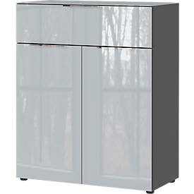 Ladekast, met 1 lade en 2 deuren, glazen front en bovenblad, B 830 x D 420 x H 1020 mm, grafiet/zilvergrijs