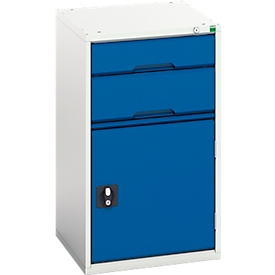 Ladekast onderzijde verso, met flügeltr, 2 laden, enkele lade, legbord, B 525 x D 550 x H 900, plaatstaal, grijs-blauw