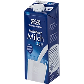 Lait entier H Weihenstephan, teneur en matière grasse 3,5 %, homogénéisé, chauffé à ultra-haute température, 12 x 1 l