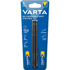 Lampe de poche LED Varta Aluminium Light F10 Pro, 150 lumens, portée de 45 m, jusqu'à 25 h, 2 piles AAA incluses, ⌀ 20 x H 133 mm, noir