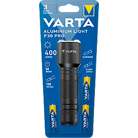 Lampe de poche LED Varta Aluminium Light F30 Pro, 400 lm, portée 150 m, jusqu'à 50 h, 3 piles AAA incluses, ⌀ 36 x H 129 mm, aluminium, noir