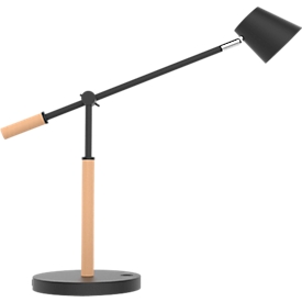 Lampe de table LED UNILUX VICKY, 9 W, 900 lm, 3000 K, 3 intensités lumineuses, intensité lumineuse variable, fonction de recharge USB, bois de hêtre &amp; acier, noir-hêtre