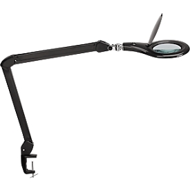 Lampe loupe LED MAULmakro, lentille 3 dioptries, 8 W, 580 lm, 6500 K, bras pivotant et inclinable à 360°, réglable en hauteur, pied à pince, noir