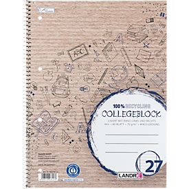 LANDRÉ gerecycled notitieboek, 80 vel, DIN A4+, 70 g/m², 4-gaats perforatie, spiraalbinding, OPTIK PAPER®, ruling 27, blauw