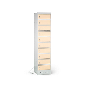 Laptop cabinet with charging function, 10 compartments with cylinder lock, Sheet steel light grey RAL 7035/light ivory RAL 1015