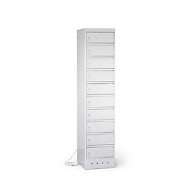Laptopschrank mit Ladefunktion, 10 Abteile mit Zylinderschloss, CH-Stecker,  Stahlblech lichtgrau RAL 7035/ lichtgrau RAL 7035
