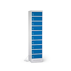 Laptopschrank mit Ladefunktion, 10 Abteile mit Zylinderschloss, Stahlblech lichtgrau RAL 7035/enzianblau RAL 5010