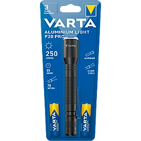LED flashlight Varta Aluminium Light F20 Pro, 250 lm, 70 m range, up to 35 h, incl. 2 batteries, ⌀ 42 x H 167 mm, anodized aluminum, black