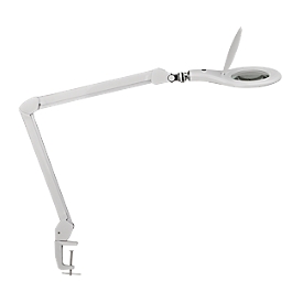 LED magnifying lamp MAULmakro, 3-diopter lens, 8 W, 580 lm, 6500 K, arm rotates 360° &amp; tilts, height adjustable, clamp base, white