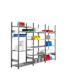 Legbordstelling R 3000 , B 3105 x P 300 x H 2278 mm, 3 stellingsecties: 1 basis- en 2 aanbouwsecties inclusief 15 in hoogte verstelbare legborden, gegalvaniseerd