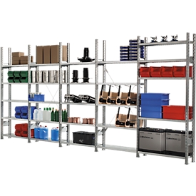 Legbordstelling R 3000, complete stelling 5,155 m, 1 basis- en 4 aanbouwsecties incl. 25 legborden, gegalvaniseerd, H 2278 x B 5155 x D 300 mm