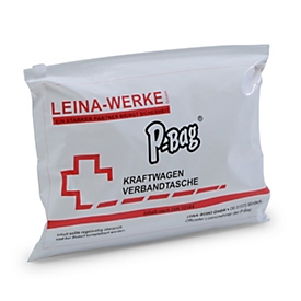 Leina-Werke P-Bag Compact – Trousse de premiers secours pour voiture, norme DIN 13164, pochette en film plastique blanc, fermeture à glissière, compacte pour la voiture