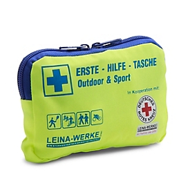 Leina-Werke - Trousse de premiers secours DRK « Outdoor & Sport » jaune fluo, en nylon, 14 pièces : assortiment de pansements, paquet de bandages, BURNSHIELD, outil pour retirer les tiques