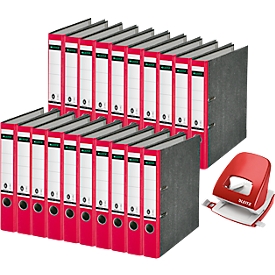 Leitz 1050 map, rugbreedte 52 mm, 20 stuks + Leitz 5008 perforator, 3 mm/30 vel, rood