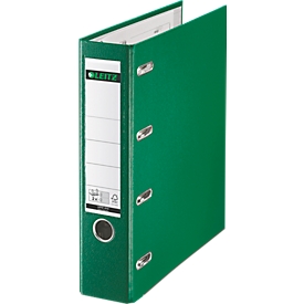 LEITZ® Doppelordner 1012, 2 x A5, Rückenbreite 75 mm, Präzisions-Hebelmechanik, Sichttasche für Rückenschild, Griffloch, Polypropylen, grün, 1 Stück