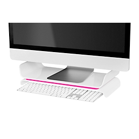 LEITZ® Ergo WOW Monitorständer, ergonomisch, für Monitore bis 27", 2-stufig höhenverstellbar mit Ablagefläche für Tastatur, B 209 x H 112 mm, weiss/rosa