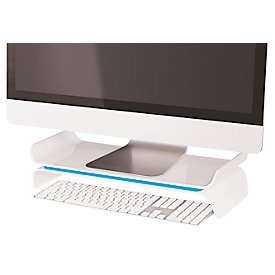 LEITZ® Ergo WOW monitorstandaard, ergonomisch, voor monitoren tot 27", in 2 standen in hoogte verstelbaar met opbergruimte voor toetsenbord, B 209 x H 112 mm, wit/blauw