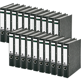 LEITZ® Ordner 1050, DIN A4, Rückenbreite 52 mm, Griffloch, geklebtes Rückenschild, Hartpappe, 20 Stück, schwarz