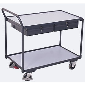 Lichte ESD-tafelwagen, staal/spaanplaat, grafietgrijs/lichtgrijs, 2 etages, L 985 x B 605 mm, 2 laden, TPE-wielen met EasySTOP, tot 250 kg