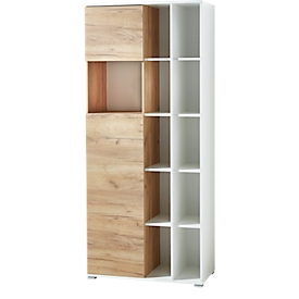 LIONI-rek, passend bij Home Office, hout, 2 vleugeldeuren, 4 gesloten en 11 open vakken, B 850 x D 400 x H 1970 mm, wit/eiken Navarra