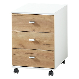 Lioni roll container, idéal pour le bureau Home Office, en bois, 3 tiroirs, poignées, L 400 x P 490 x H 570, blanc/chêne Navarra
