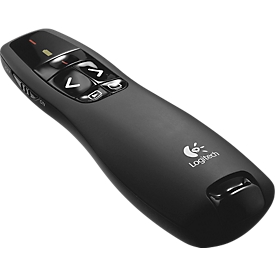 Logitech® Wireless Presenter R400, roter Laserpointer Klasse 2, Reichweite bis 15 m, USB-Empfänger, Kunststoff, schwarz, inkl. Batterien & Reiseetui