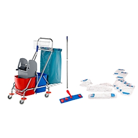 Lot complet chariot à double bac, 2 seaux de 17 L, presse à mâchoires en plastique, 10 serpillères 