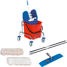Lot complet seau à roulettes 1 bac, chromé, Seau de 25 L, manche chromé, 10 franges