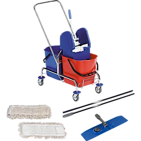 Lot complet seau à roulettes double-bac chrome, 2 seaux de 15 L, manche chromé en 2 parties + 10 franges
