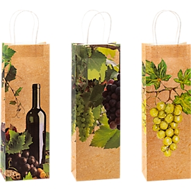 Lot de pochettes à bouteilles TSI pour vin rouge/blanc, 12 pièces, 3 motifs différents, cordon de transport, L 120 x P 80 x H 360 mm, papier kraft, jaune